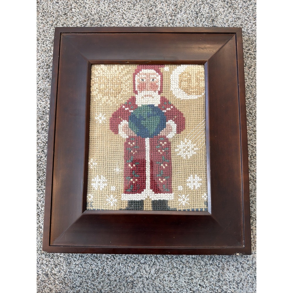 Vtg Old World Prairie Santa Needlepoint Crossstitch Earth Sun Moon 12.5x14.5"